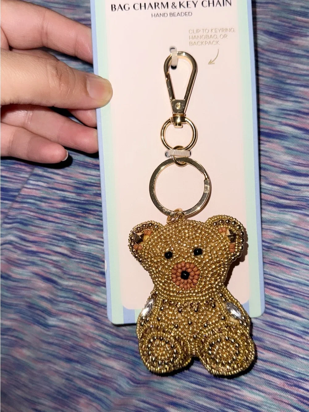Handbeaded Beaded Teddy Bear Keychain Bag Charm - Gold